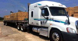 Sunbelt Transport flatbed truck loaded with lumber, secured with straps.